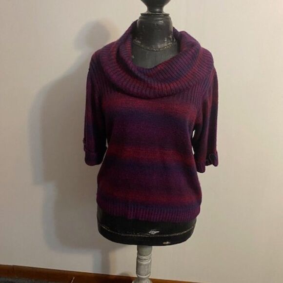 Ruby Rd. Favorites Burgundy/Purple stripe cowl neck 3/4 sleeve sweater, size L - Picture 1 of 3